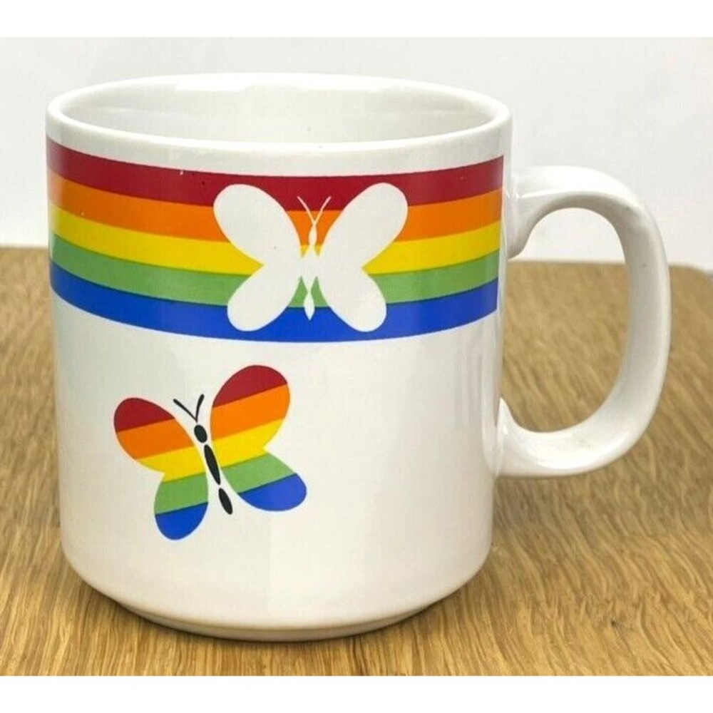 VTG 80s Russ Berrie Butterfly Rainbow Stripe Mug Colorful Pride Bright Cheerful